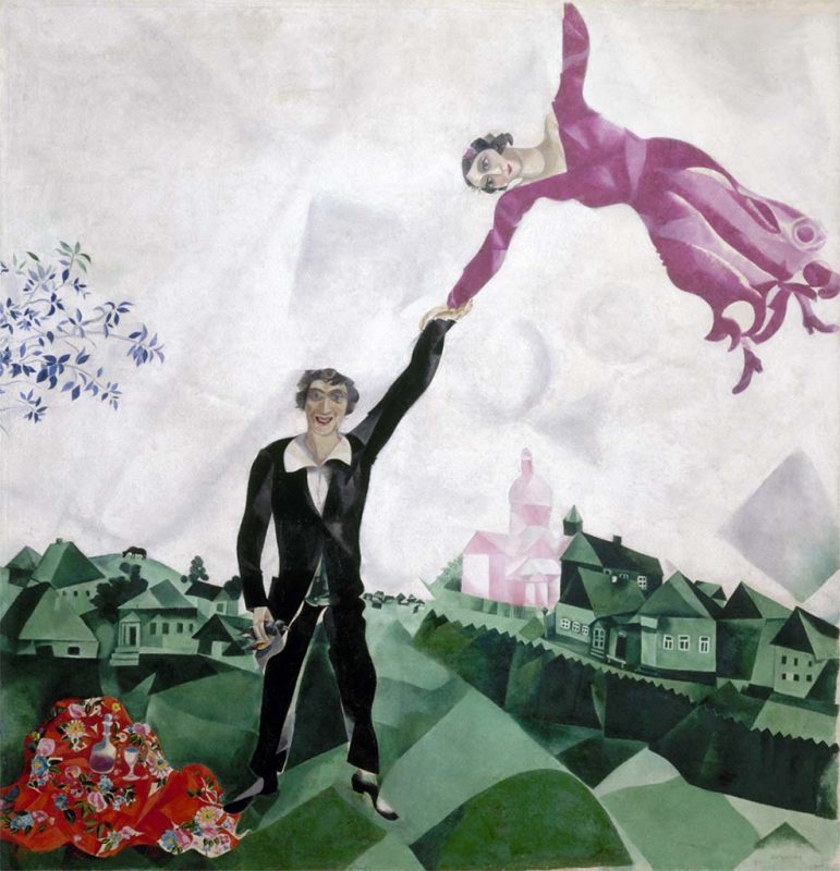 Chagall. La passeggiata, 1917-1918. Tecnica: Olio su tela, 170×163,2 cm. Museo di Stato Russo, San Pietroburgo