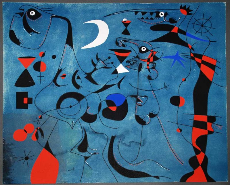 Mirò. Miró. Figure di Notte guidate da tracce fosforescenti di lumache, dalla serie Costellazioni, 1940. Tecnica: Acquerello e Gouache su Carta, 37,9 x 45,7 cm